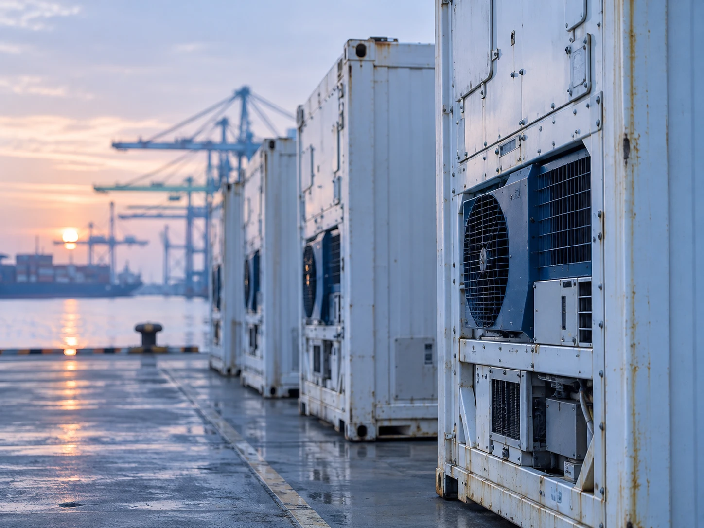 Refrigerated shipping containers lined up on a port quay at sunrise